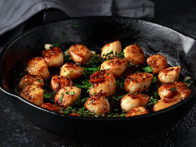 Scallops Seared In Cast Iron Skillet